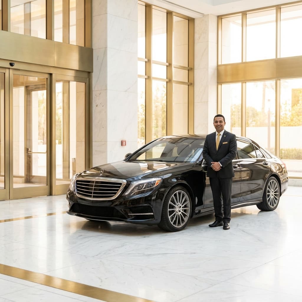 Professional chauffeur standing by luxury vehicle