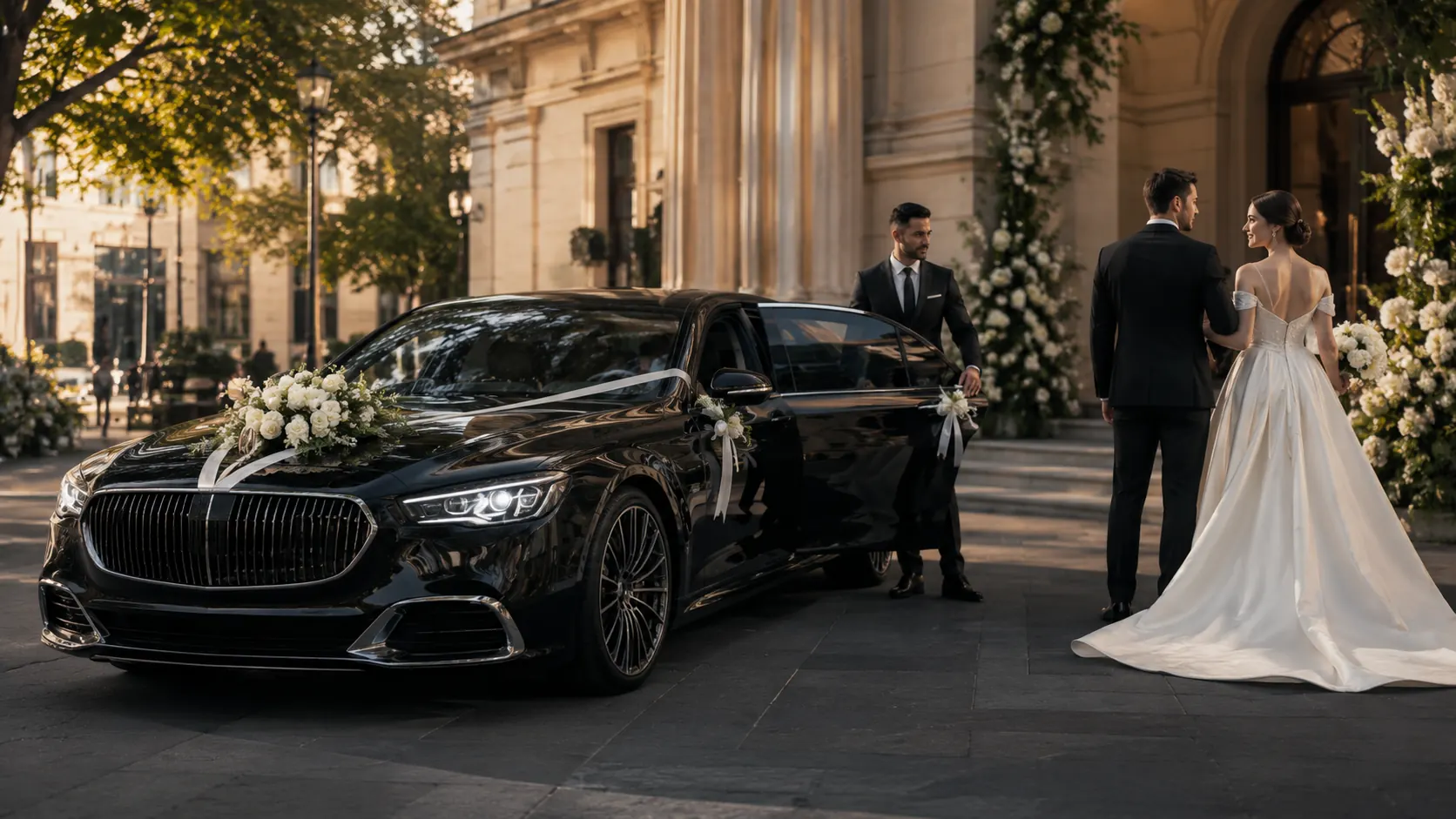 Bride and groom with a Mercedes-Maybach wedding car in Melbourne